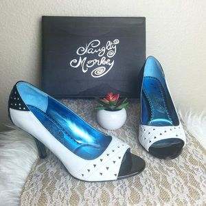 naughty monkey White and Black Peep-Toe Stiletto Heels with Blue Lining